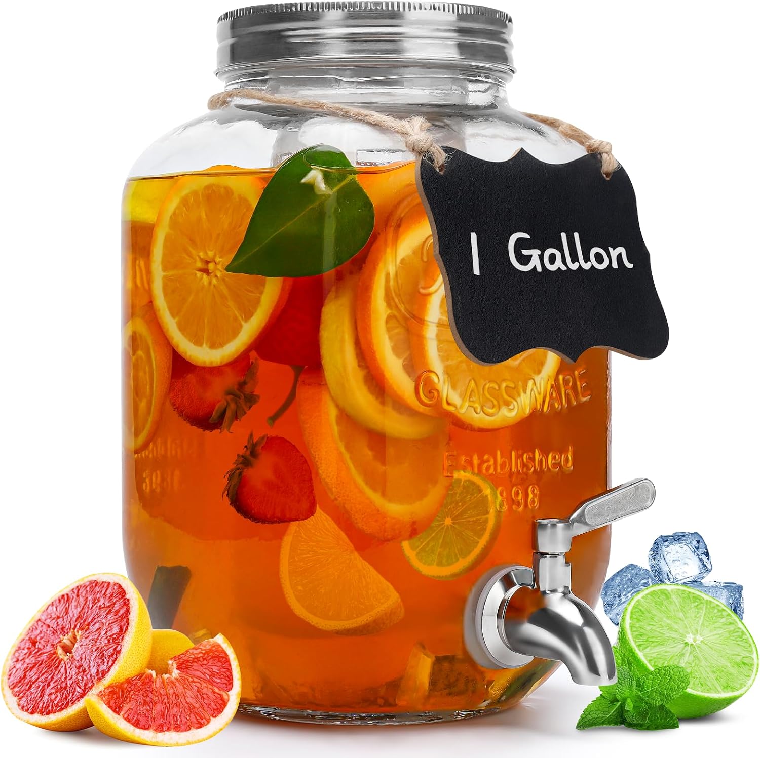 1 Gallon Glass Beverage Dispenser with Lid and Stainless Steel Spigot