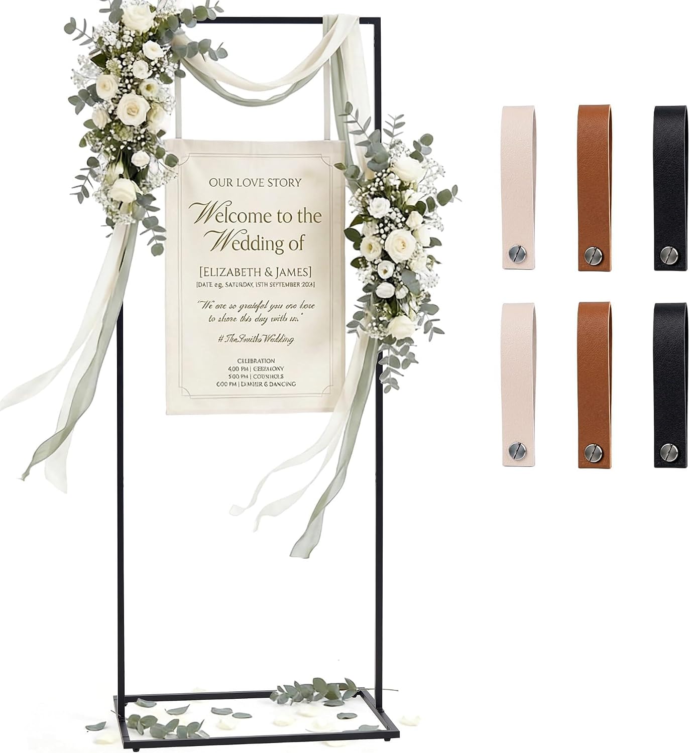 Wedding Welcome Sign Stand, 79 Inch Extra-Tall, Black Metal Sign Holder with Leather Straps