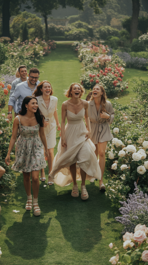 Wedding attire chosen with grass and garden terrain in mind