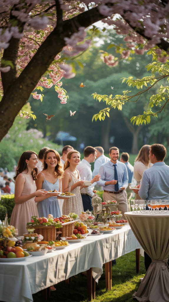 Covered food and drink stations suited to an outdoor garden reception