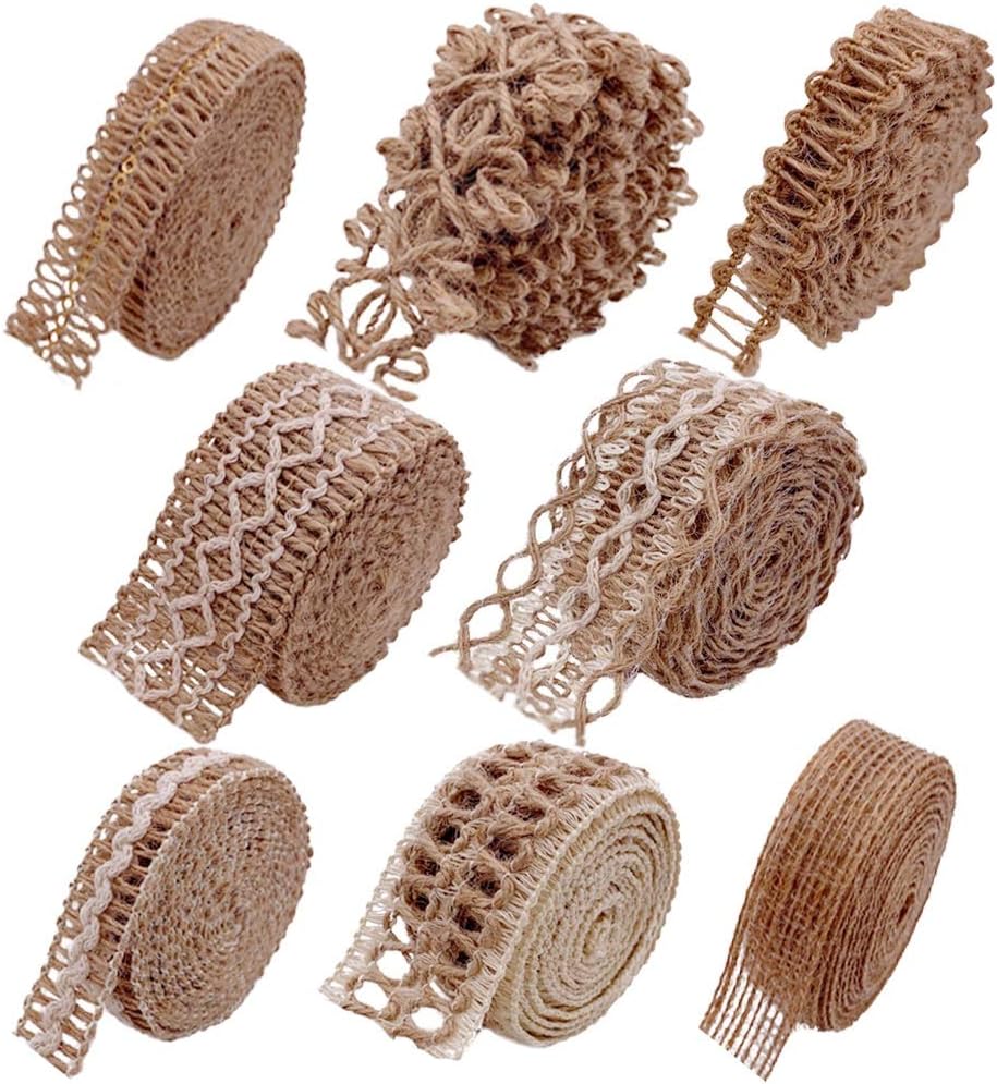 Burlap Lace Ribbons, 8 Rolls, Natural Jute Wedding Ribbon and Twine
