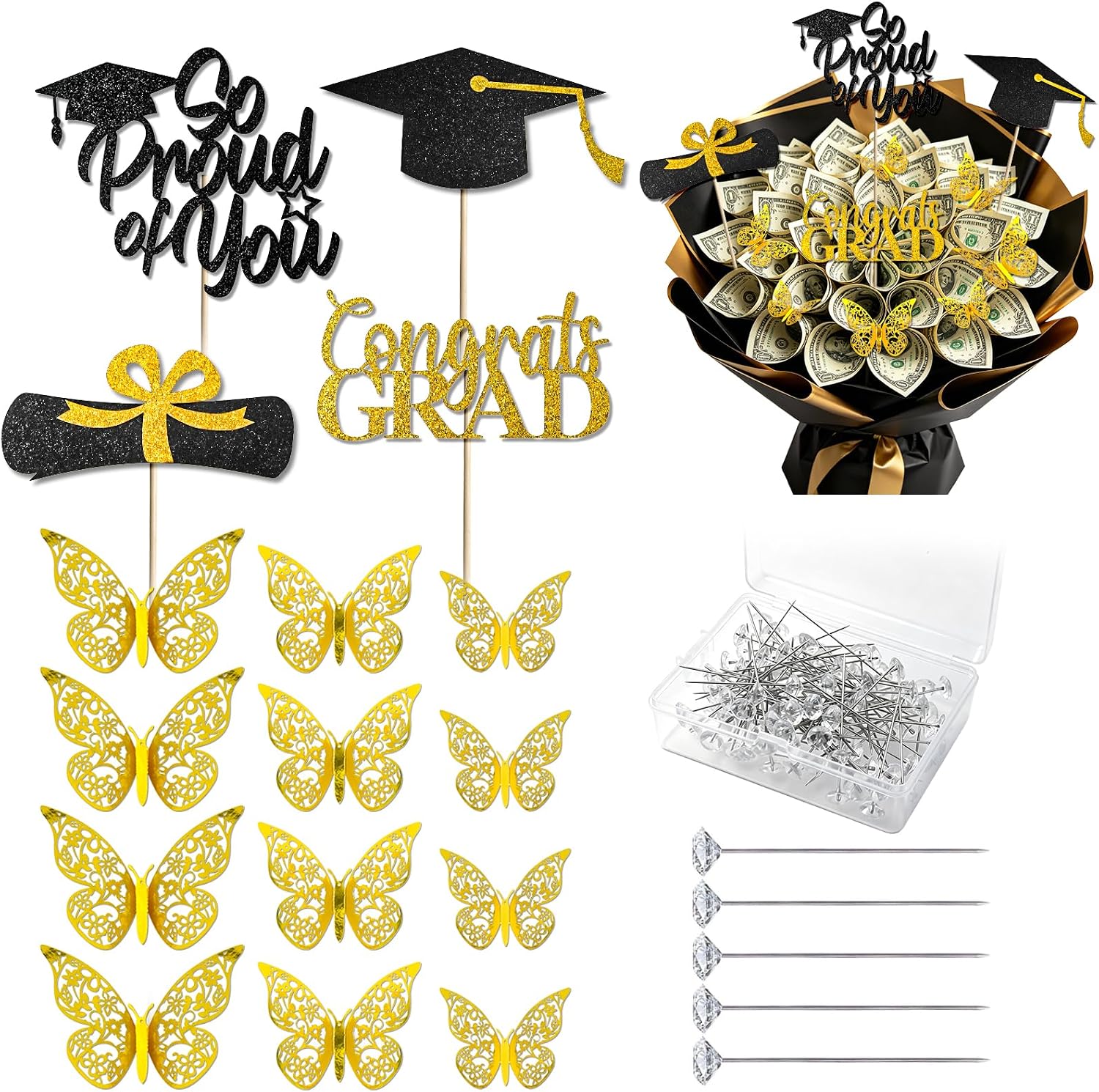 Graduation Bouquet Accessory Set, 4 Pcs Grad Cap and Diploma Centerpiece Toppers