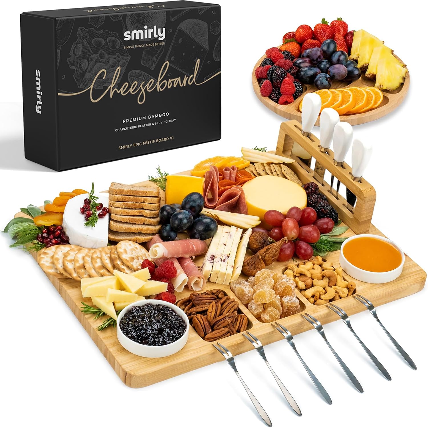 SMIRLY Charcuterie Boards Set, Large Bamboo Cheese Board with Accessories