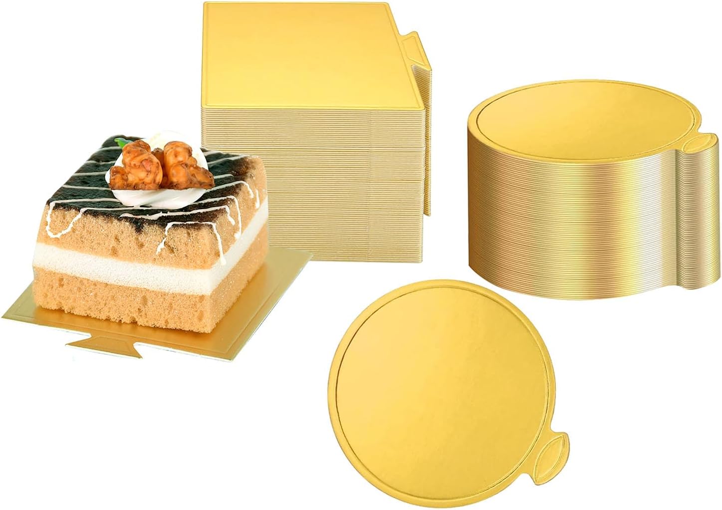 Mini Golden Cake Boards, 100 Pcs, Round and Square Dessert Bases