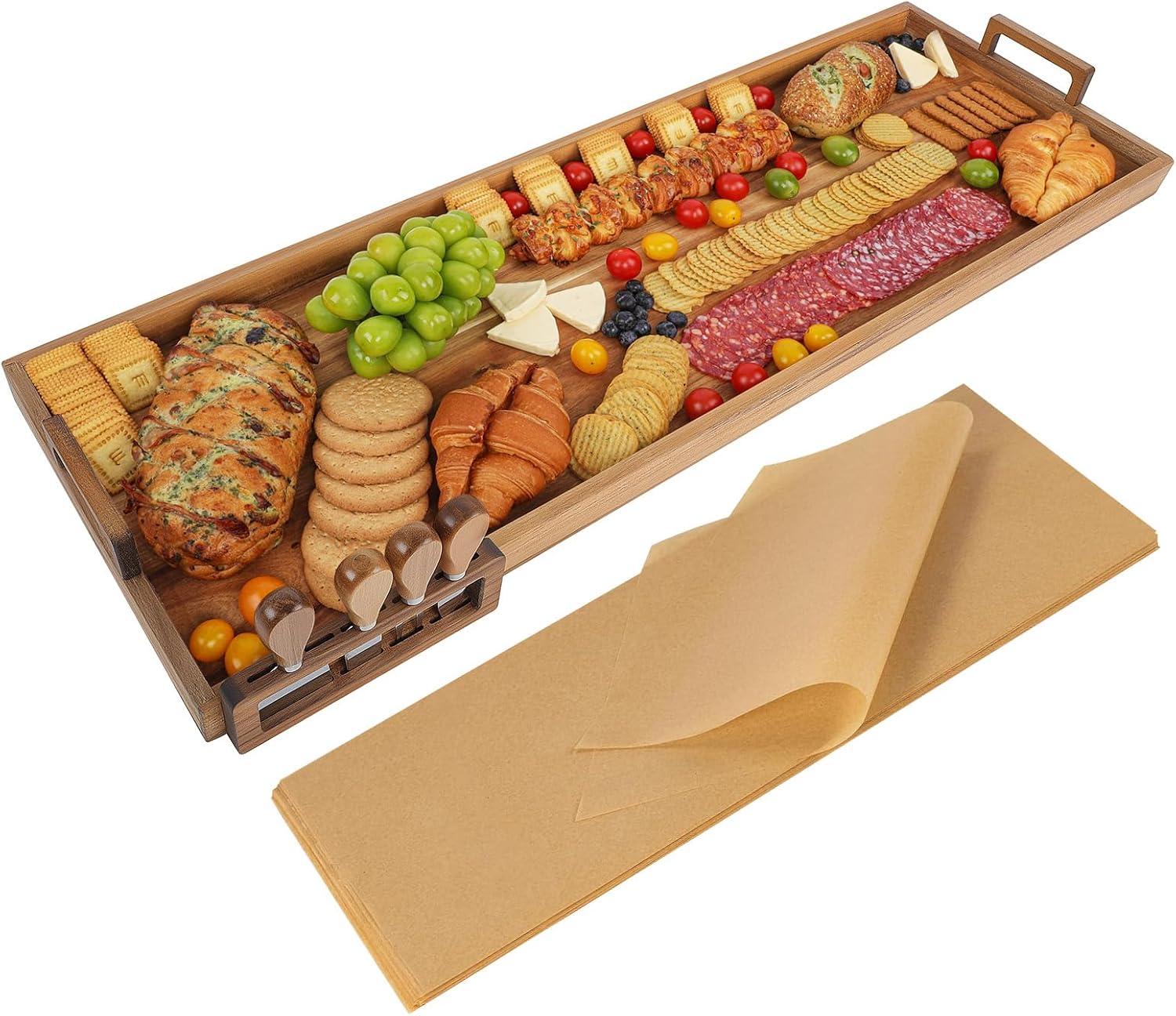 Acacia Wood Large Charcuterie Board, 36 x 12 Inch, with Cheese Knife Set