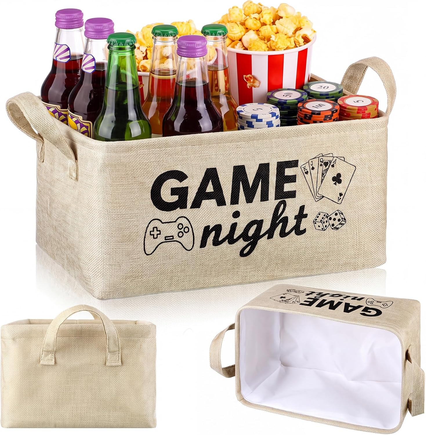 Game Night Snack Gift Basket with Handles, Burlap Organizer