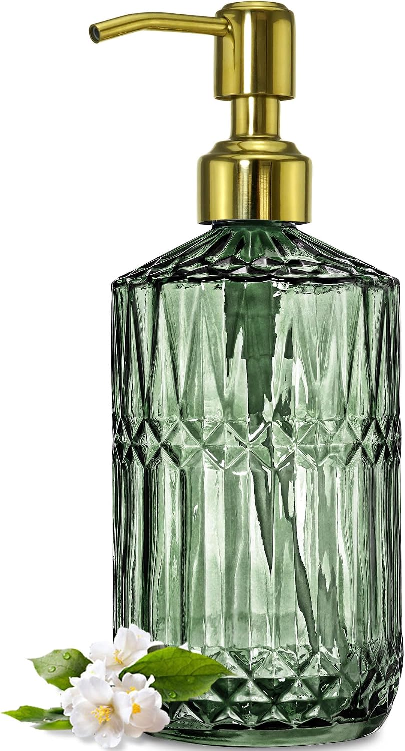 JASAI Green Glass Soap Dispenser with Gold Pump, 18 Oz