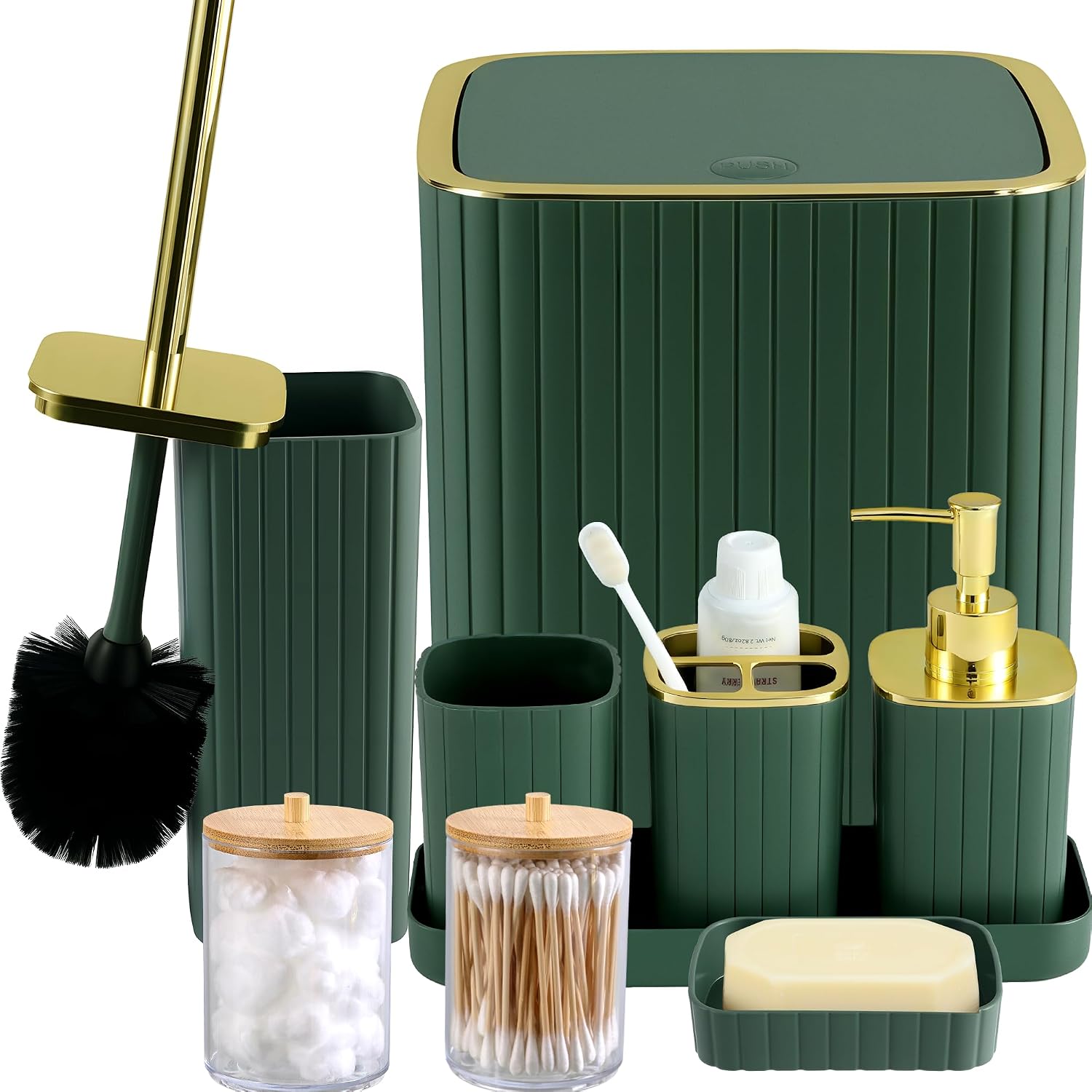 Green and Gold Bathroom Accessories Set, 9 Pcs
