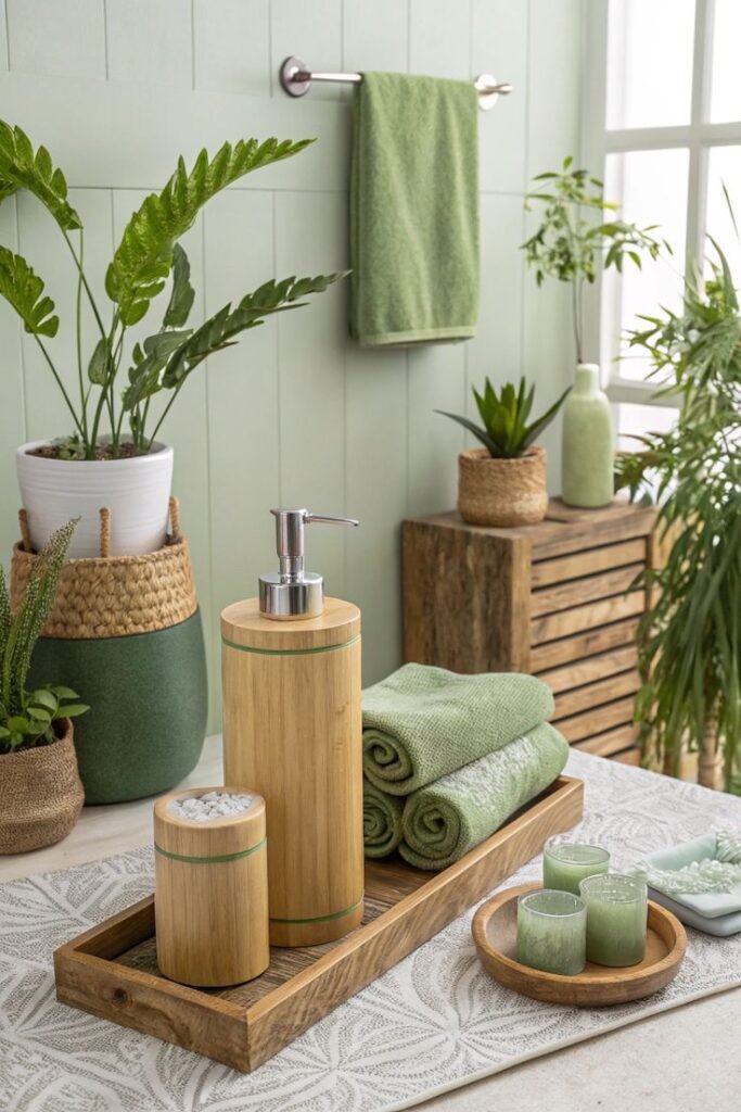 Green bathroom embracing an eco-friendly, nature-inspired style