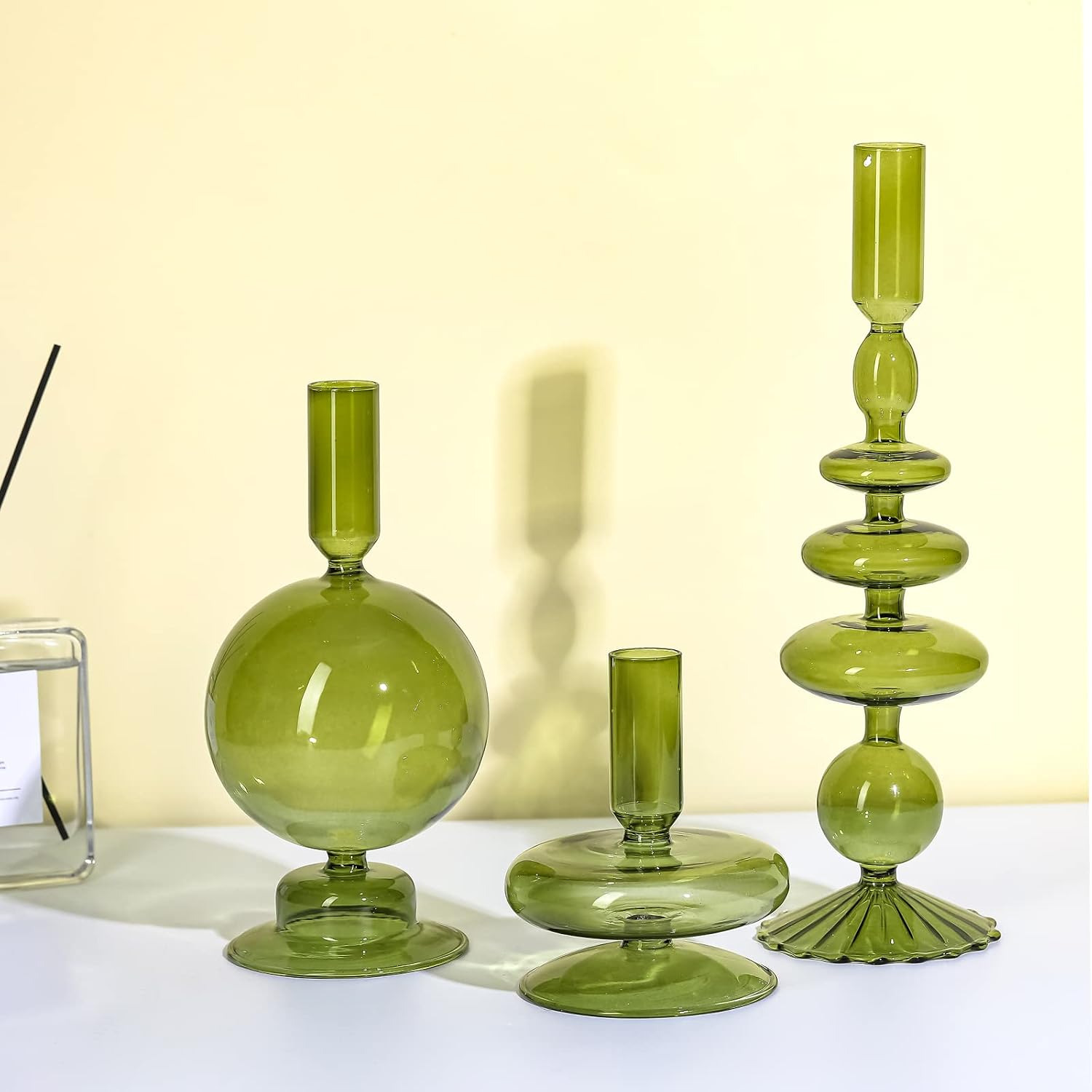 Rtteri Green Glass Candle Holders, 3 Pcs, Candlestick Set