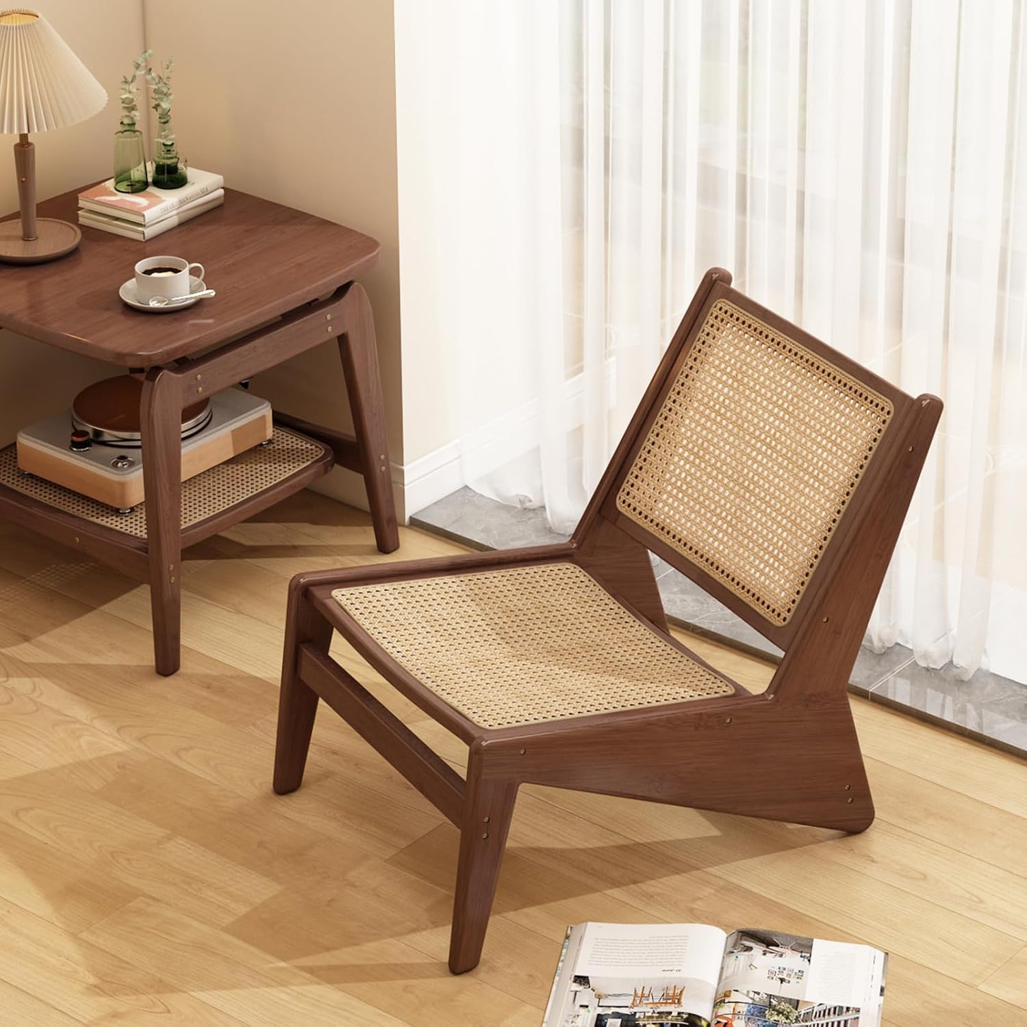 Furlide Rattan Accent Chair, Compact Low-Profile Bamboo Chair, Walnut