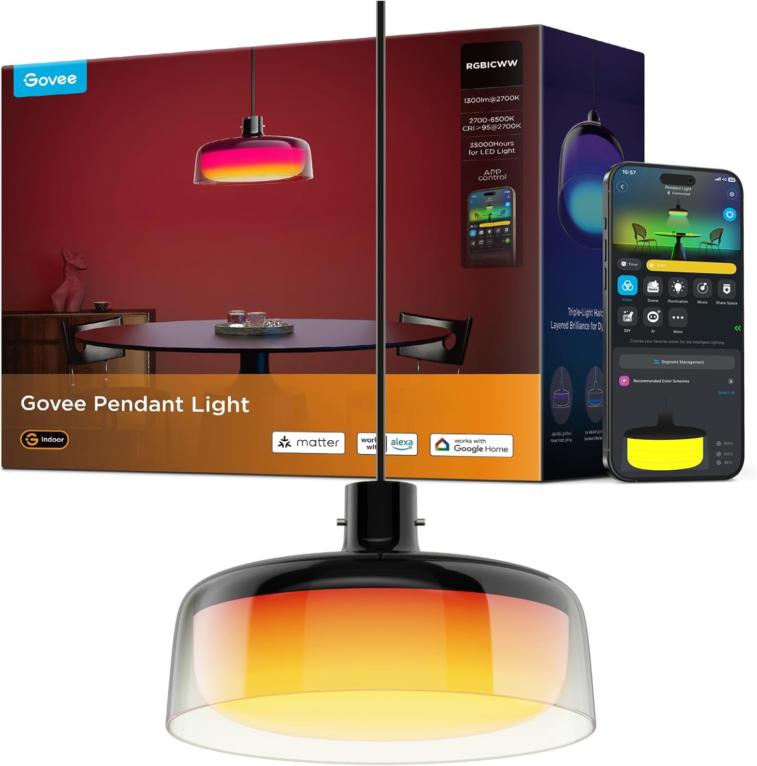 Govee Smart Pendant Light, Three-Layer RGBIC Lighting for Kitchen Island