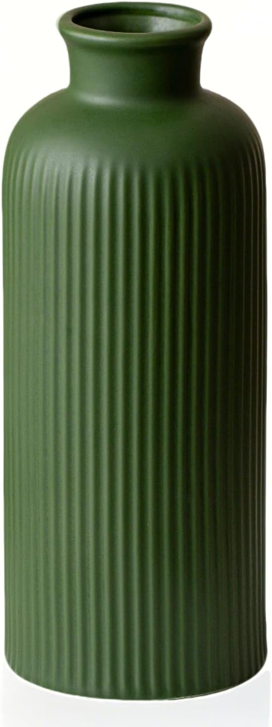 Green Ribbed Ceramic Vase for Flowers, Modern Textured, 10 Inch Tall