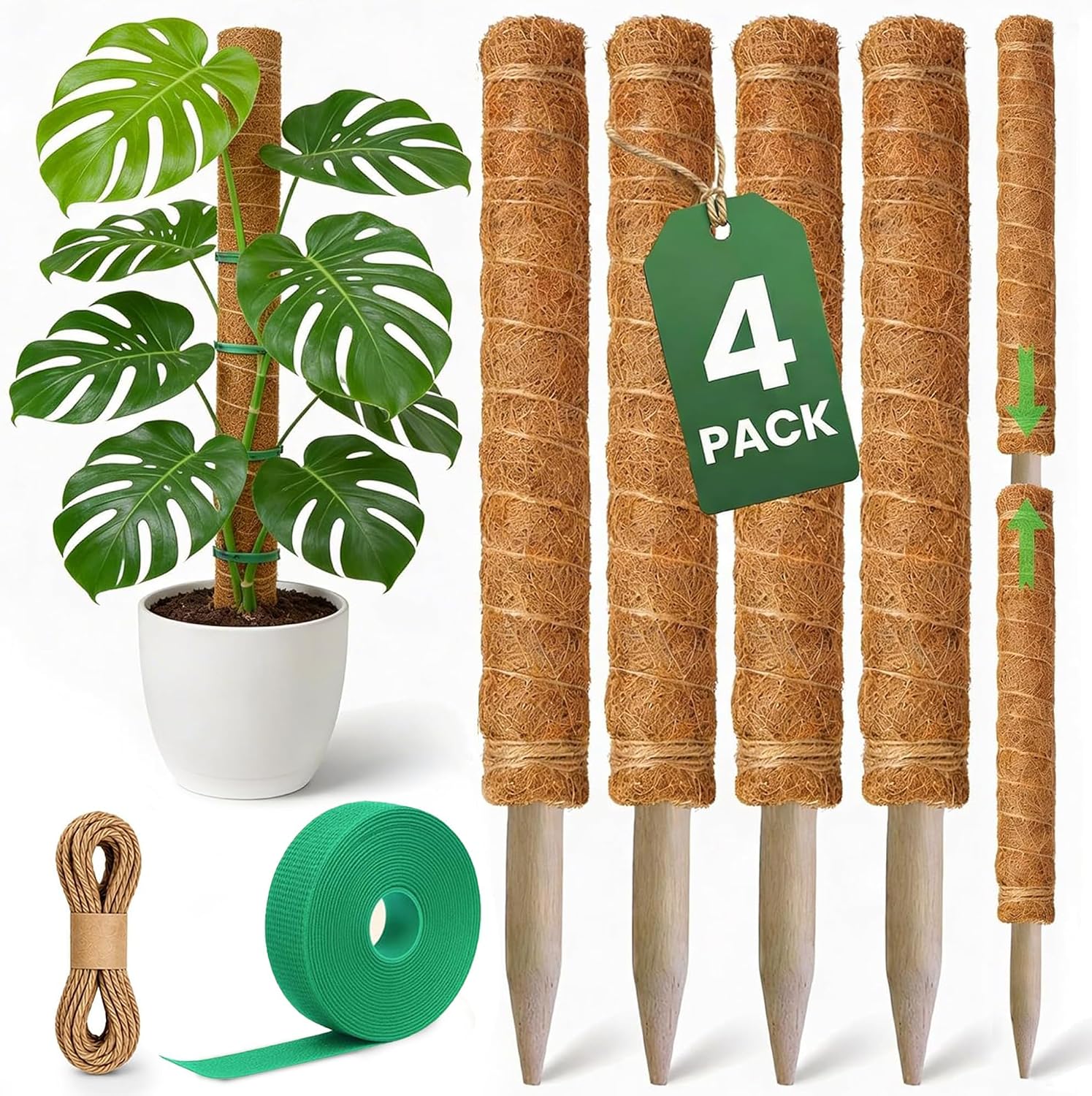 Moss Pole Monstera Plant Support, 16 Inch, 4 Pack, Stackable up to 48 Inch