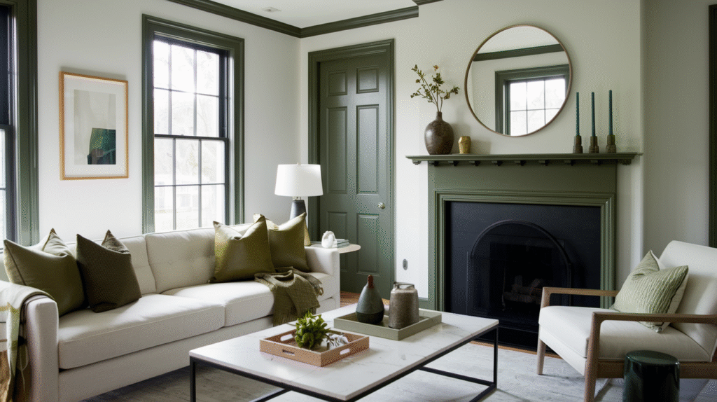 Living room with dark green crown molding, door and fireplace mantel trim against white walls, with a round mirror above the mantel