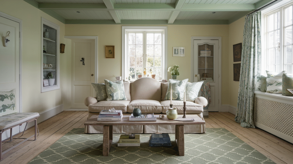 Cottage living room with a sage green beam ceiling and matching trim, pale yellow walls and a green diamond-patterned rug