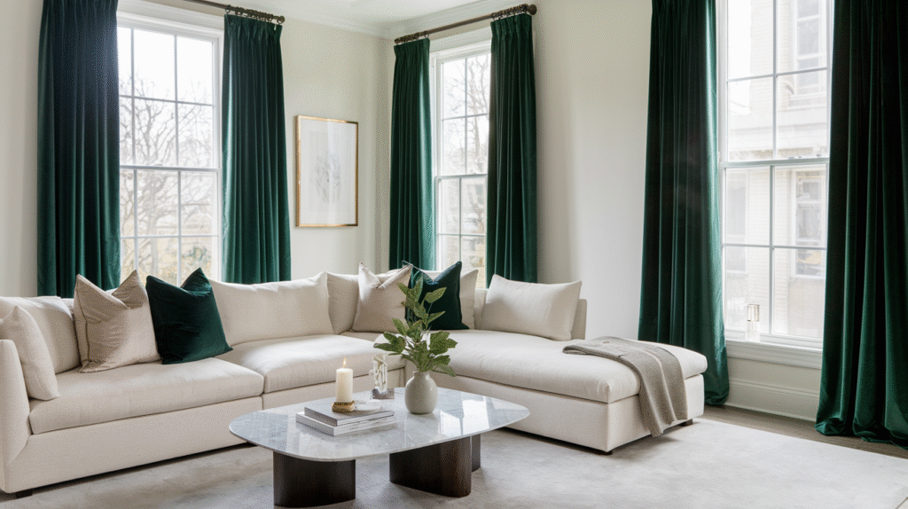 Floor-to-ceiling emerald green curtains framing large windows in a bright living room with a cream sectional sofa and dark green throw pillows