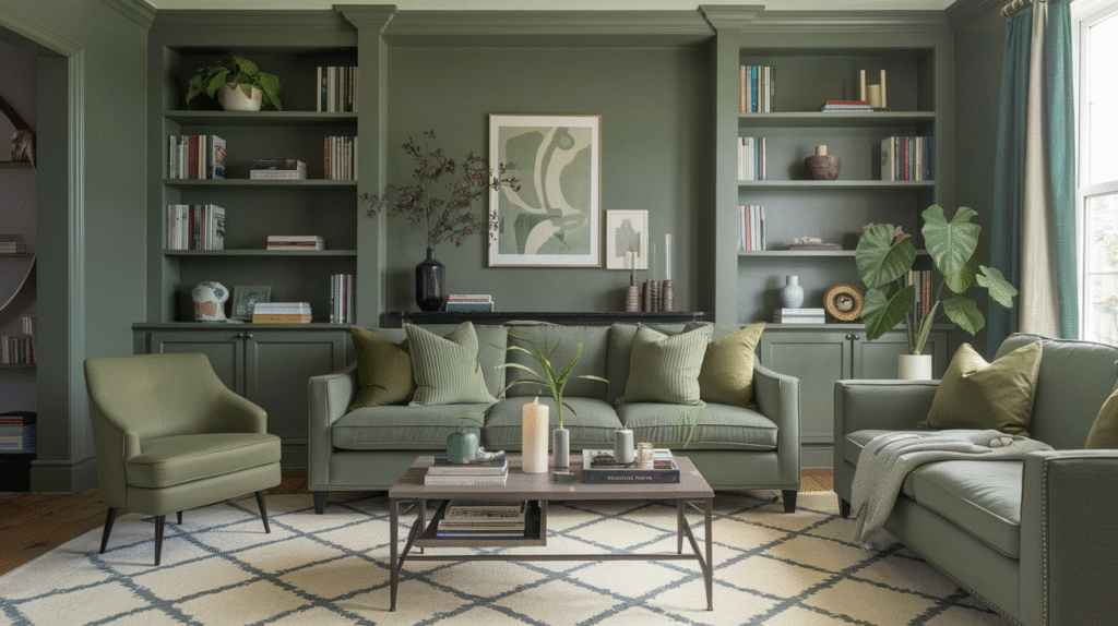 Living room with deep olive green walls and built-in shelving, a sage green sectional sofa with mixed green pillows and a patterned rug