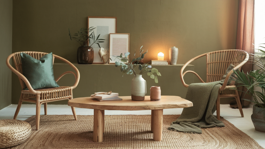 Olive green living room with two rattan accent chairs, a live-edge wood coffee table and a jute rug beside a green built-in shelf