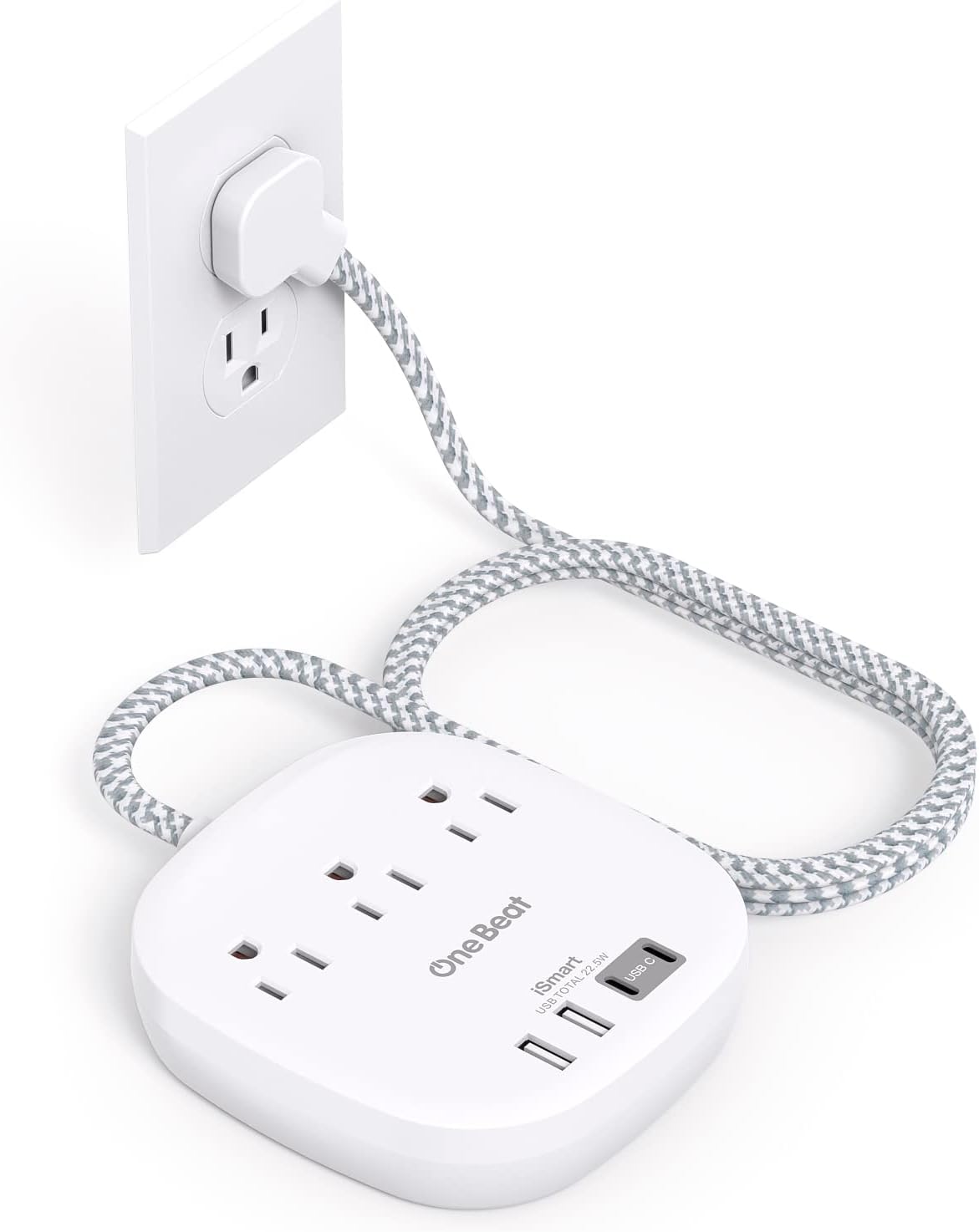 Flat Plug Power Strip, 22.5W, 6 Ft Extension Cord with USB Ports