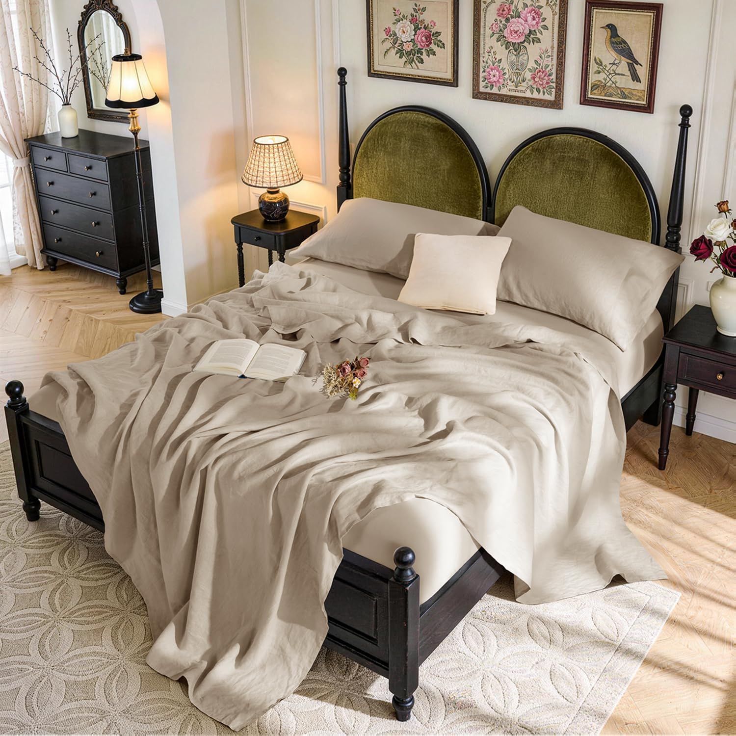 SONORO KATE 100% French Linen Sheet Set, King, Natural Flax Bedding