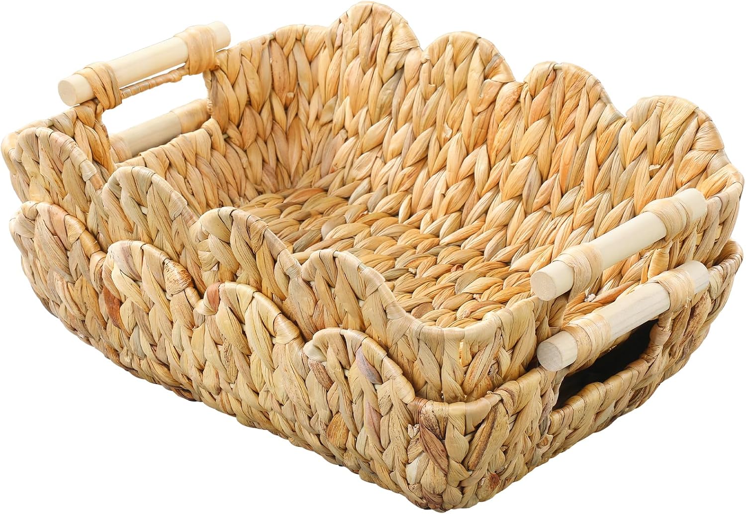 Coeusy Scalloped Wicker Baskets, 2 Pack, Natural Water Hyacinth