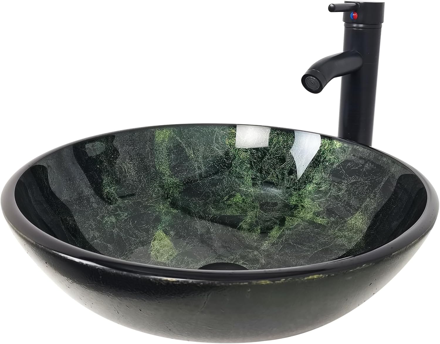Tempered Glass Vessel Sink, 16.5 Inch, Green Art Basin with Faucet Combo