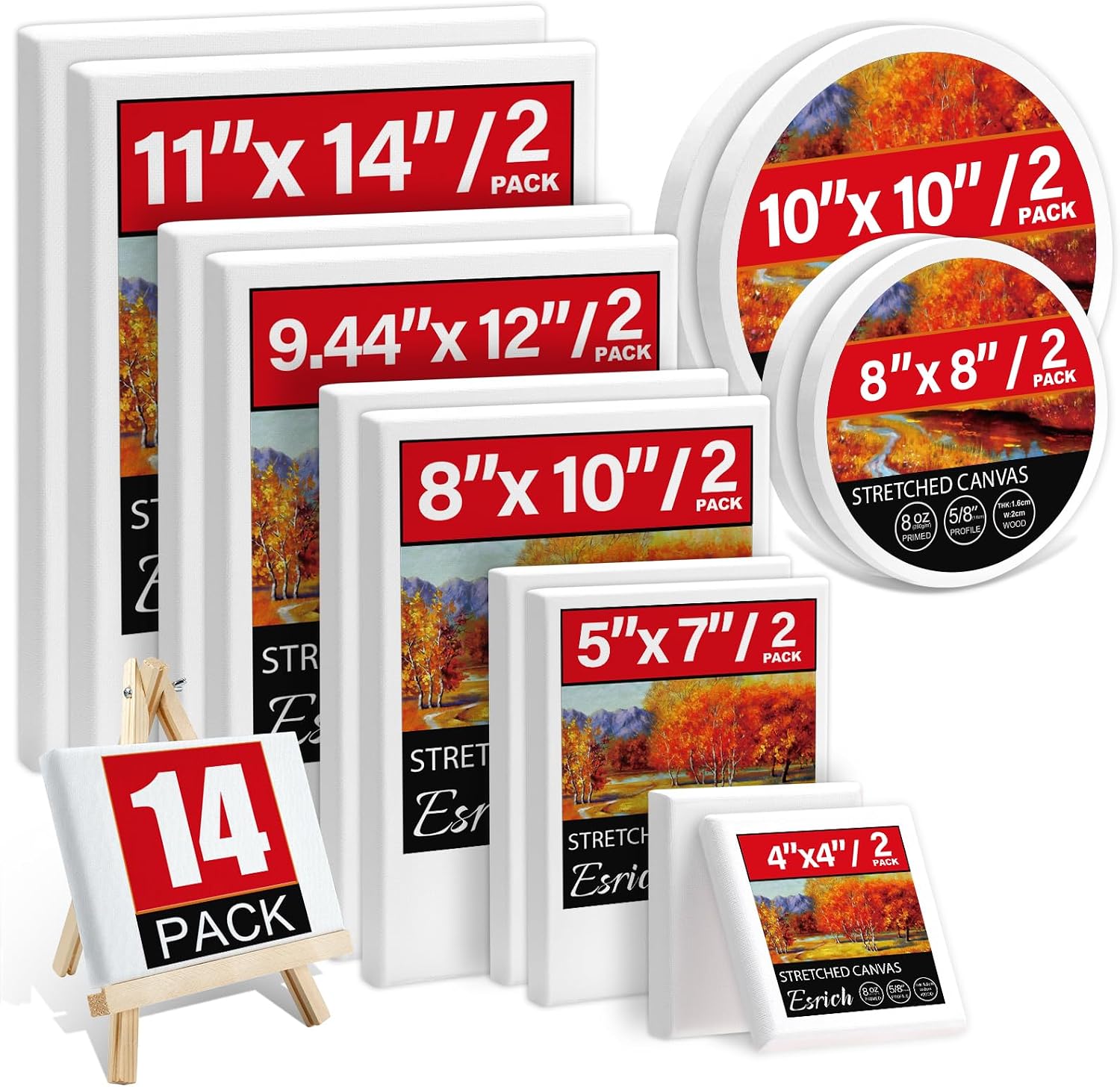 Stretched Canvases for Painting, 14 Pack, Multi Size 4 x 4 to 11 x 14 Inch