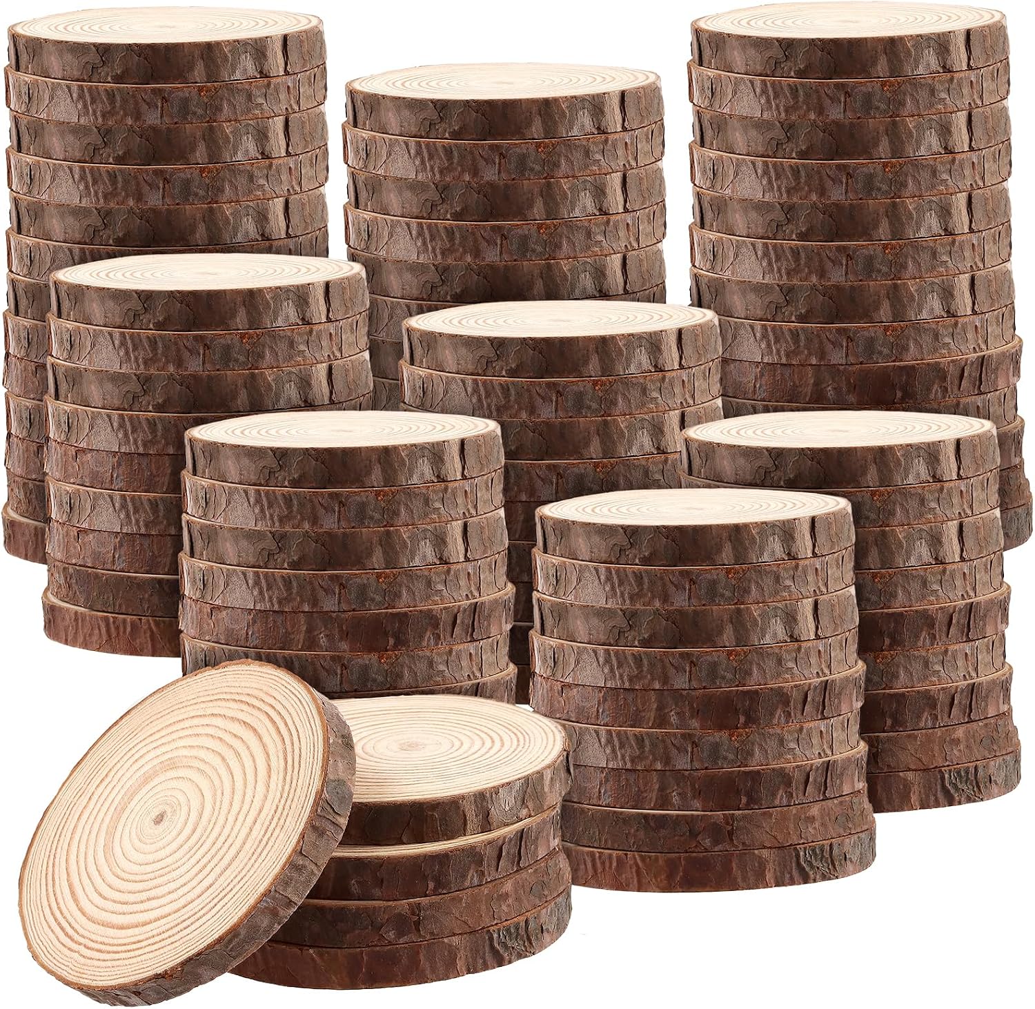 SOUJAP Natural Wood Slices, 100 Pcs, 3.5 to 4 Inch, Unfinished with Bark