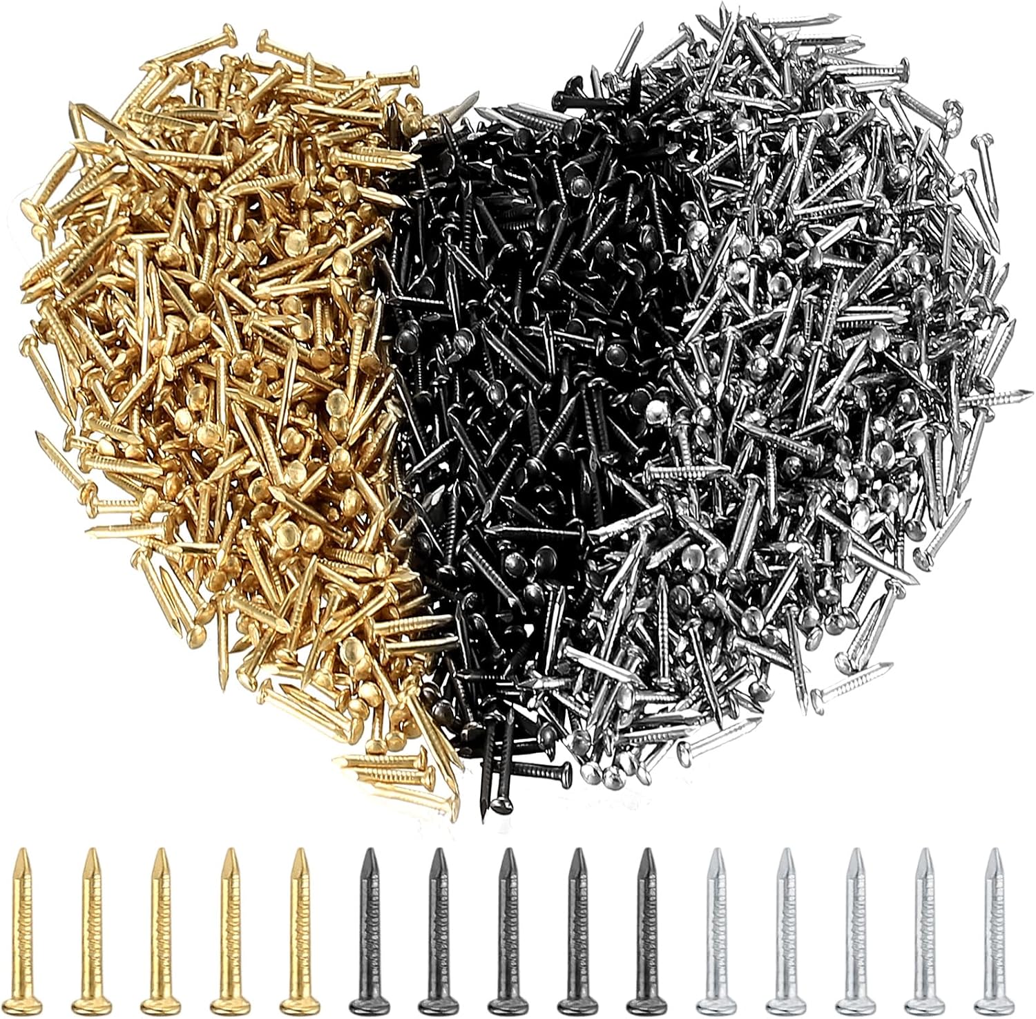 Small Nails Assortment Set, 1200 Pcs, 19 mm, Tri-Color for Wall Art and Framing