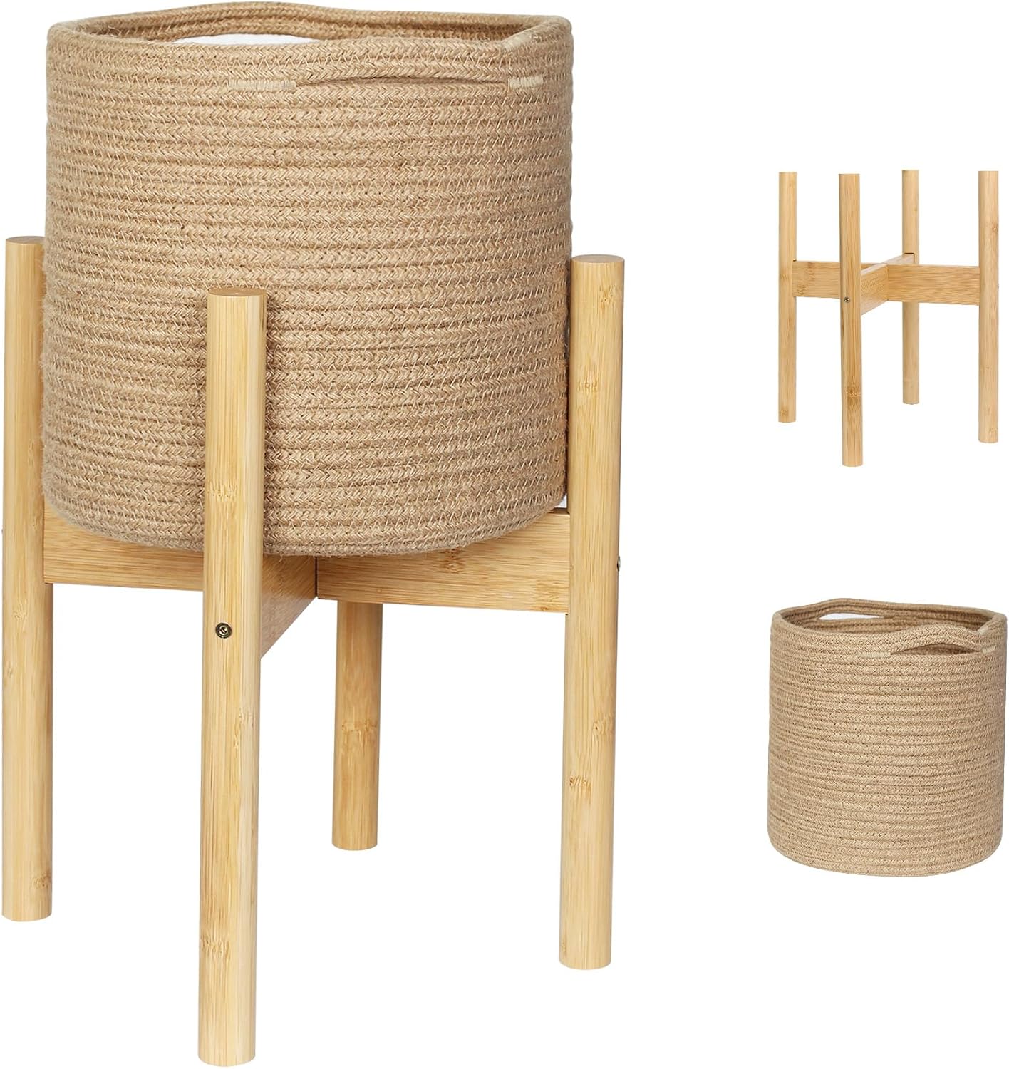 Round Wicker Plant Basket with Bamboo Wood Stand, Indoor