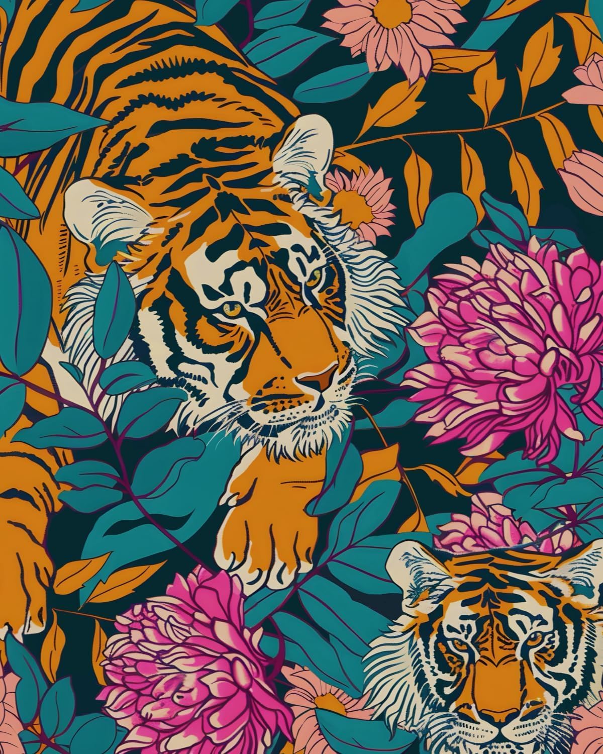 BOKEBEVE Tiger Floral Peel and Stick Wallpaper, Vintage Orange, 17.5 x 393.5 Inch