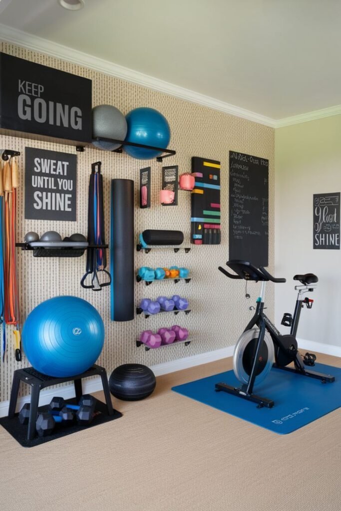 Aesthetic home gym for a small space with coordinated equipment and clean styling