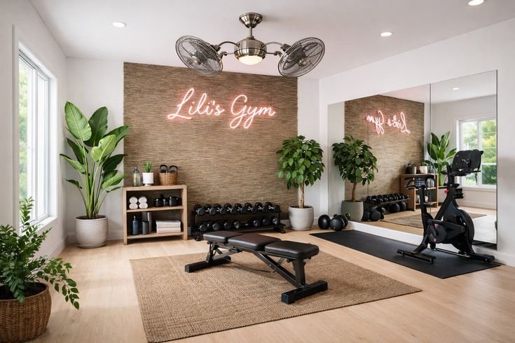 Home gym corner with weight equipment set up against a wall