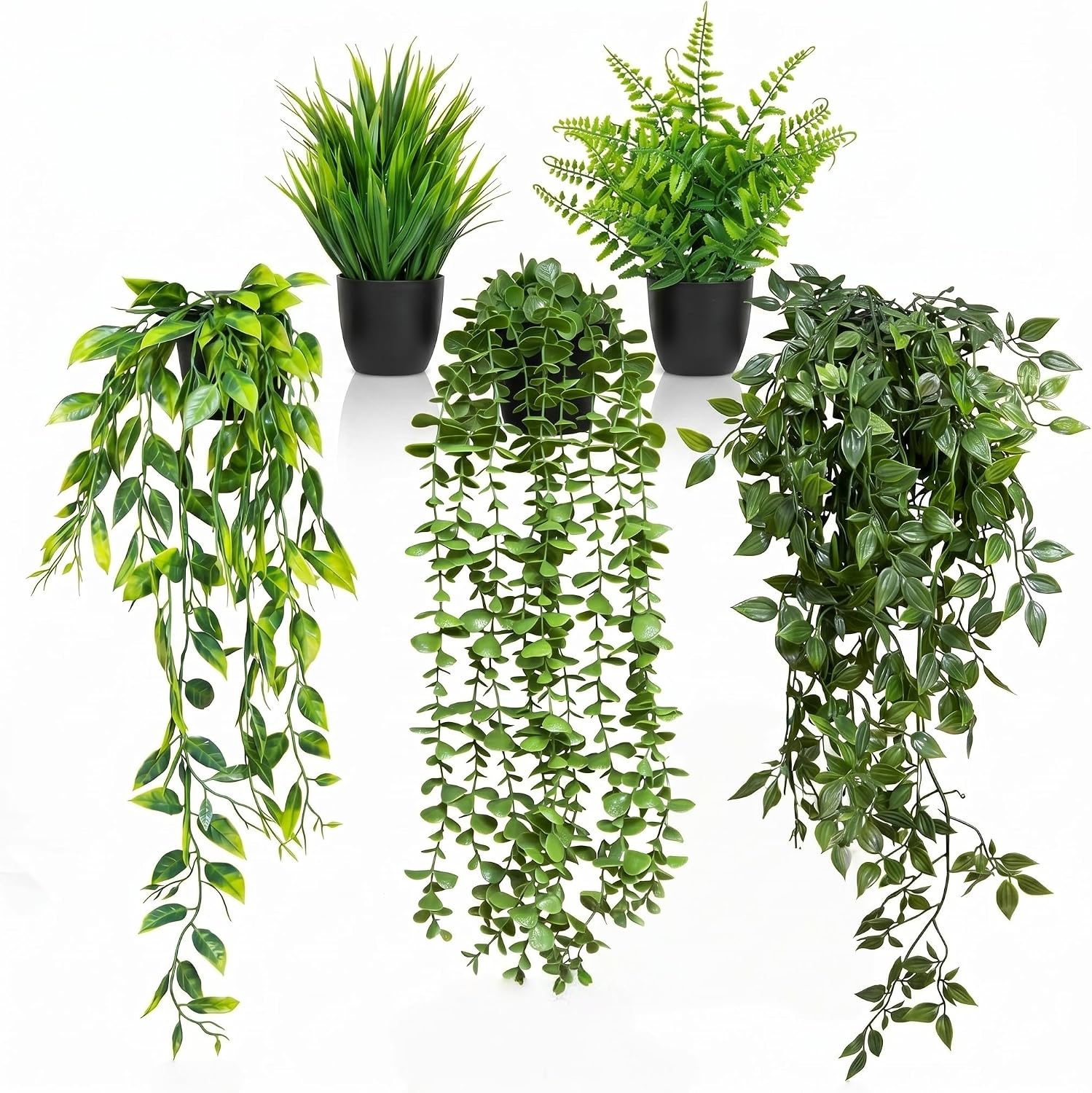 Artificial Hanging Plants and Small Potted Faux Eucalyptus and Ivy, 5 Pack