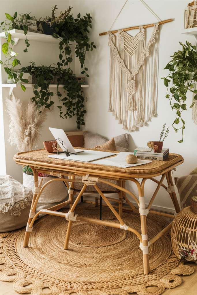 Boho chic home office with layered textures, warm colors and plants