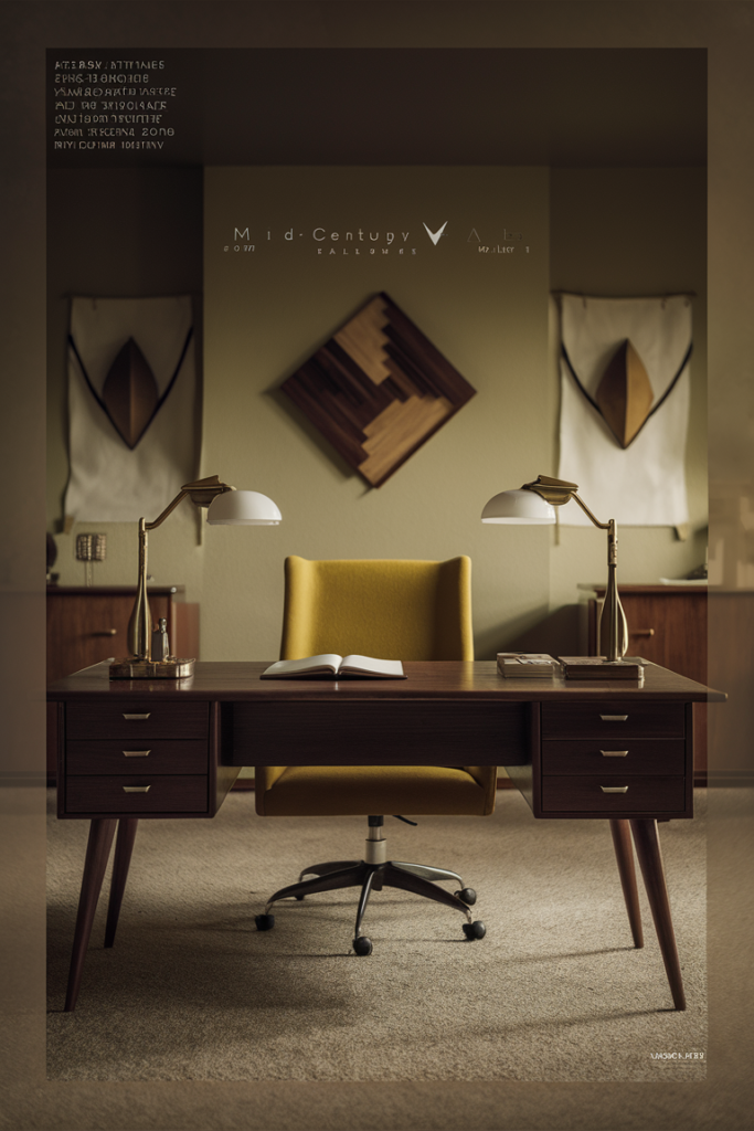 Classic elegant home office with rich wood furniture and brass details