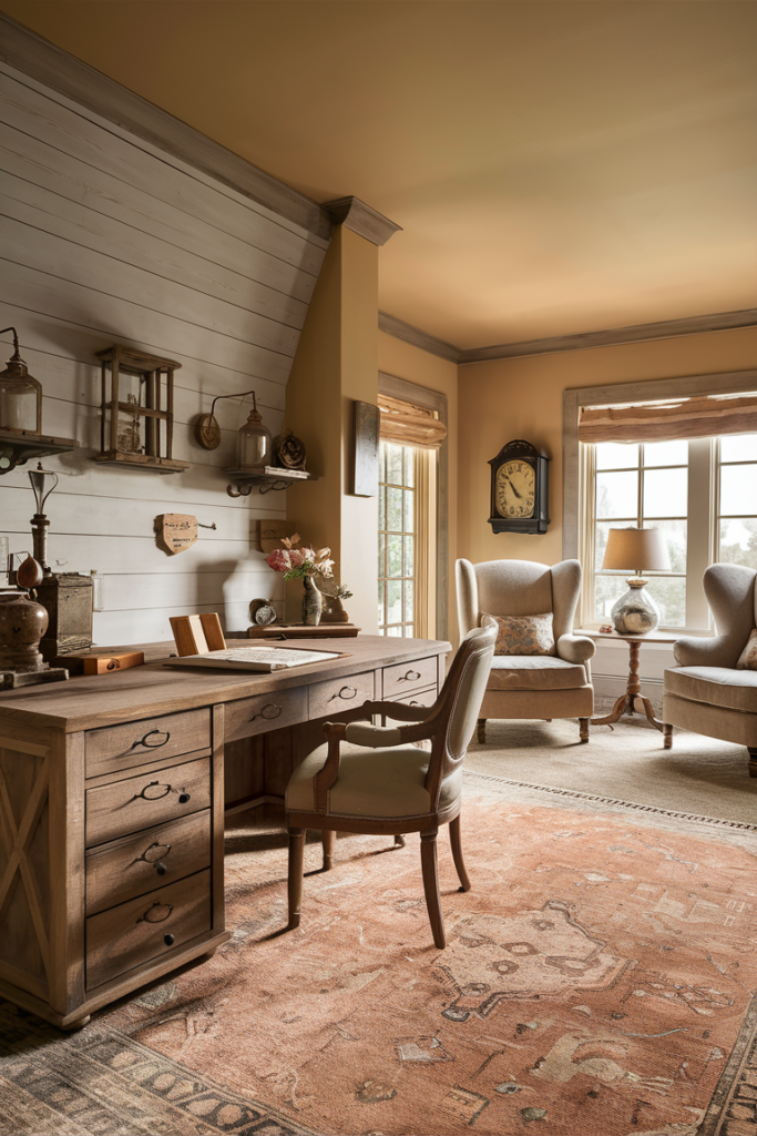 Cozy cottagecore home office with vintage furniture and warm lighting