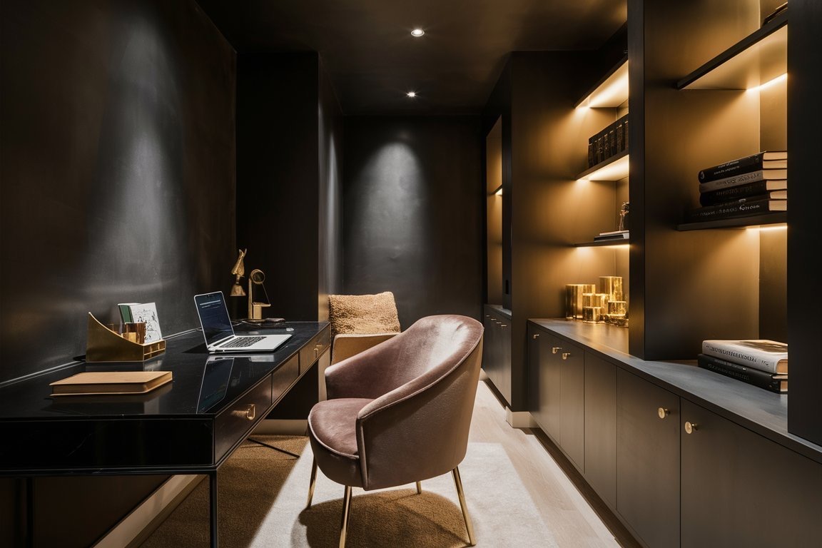 Serene and sophisticated home office styled with intention