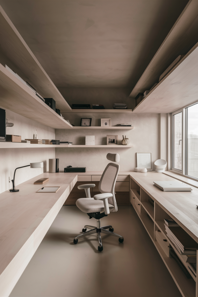 Minimalist monochrome home office with clean lines and neutral tones