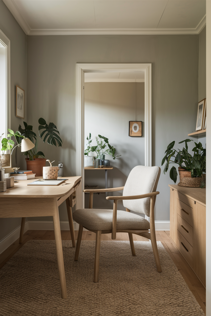 Scandinavian-style home office with blonde wood furniture and soft lighting