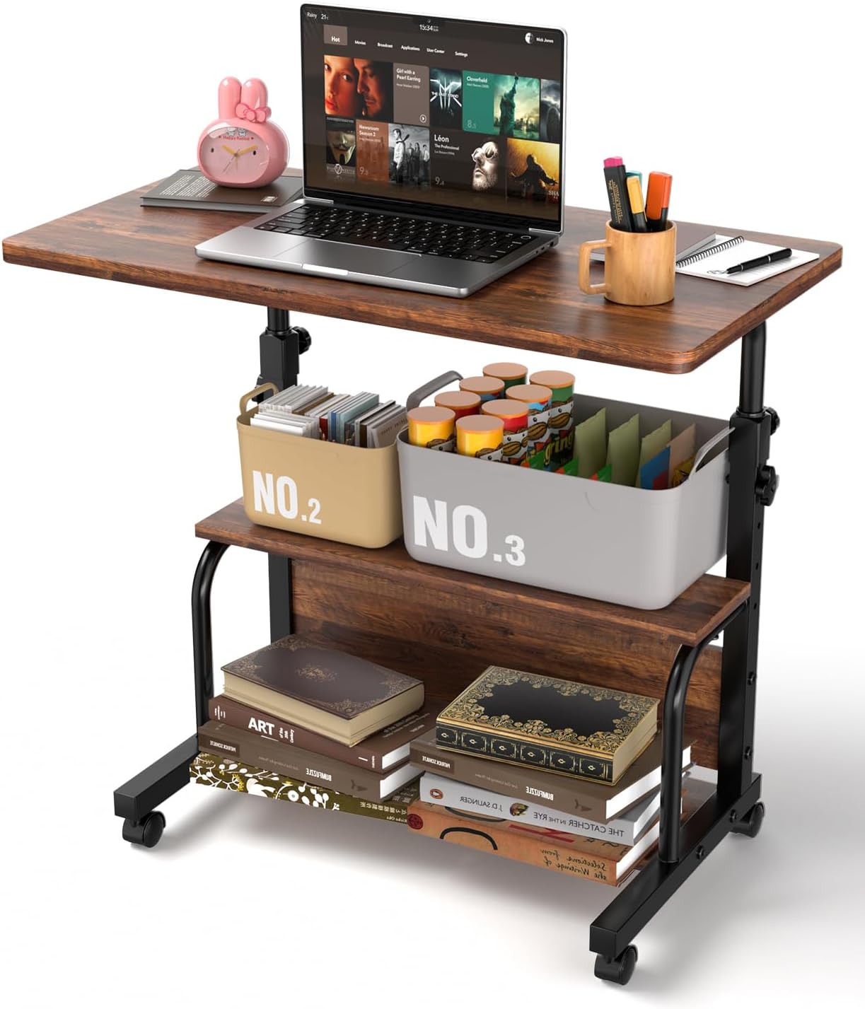 QZMDSM Portable Rolling Desk on Wheels, Height Adjustable