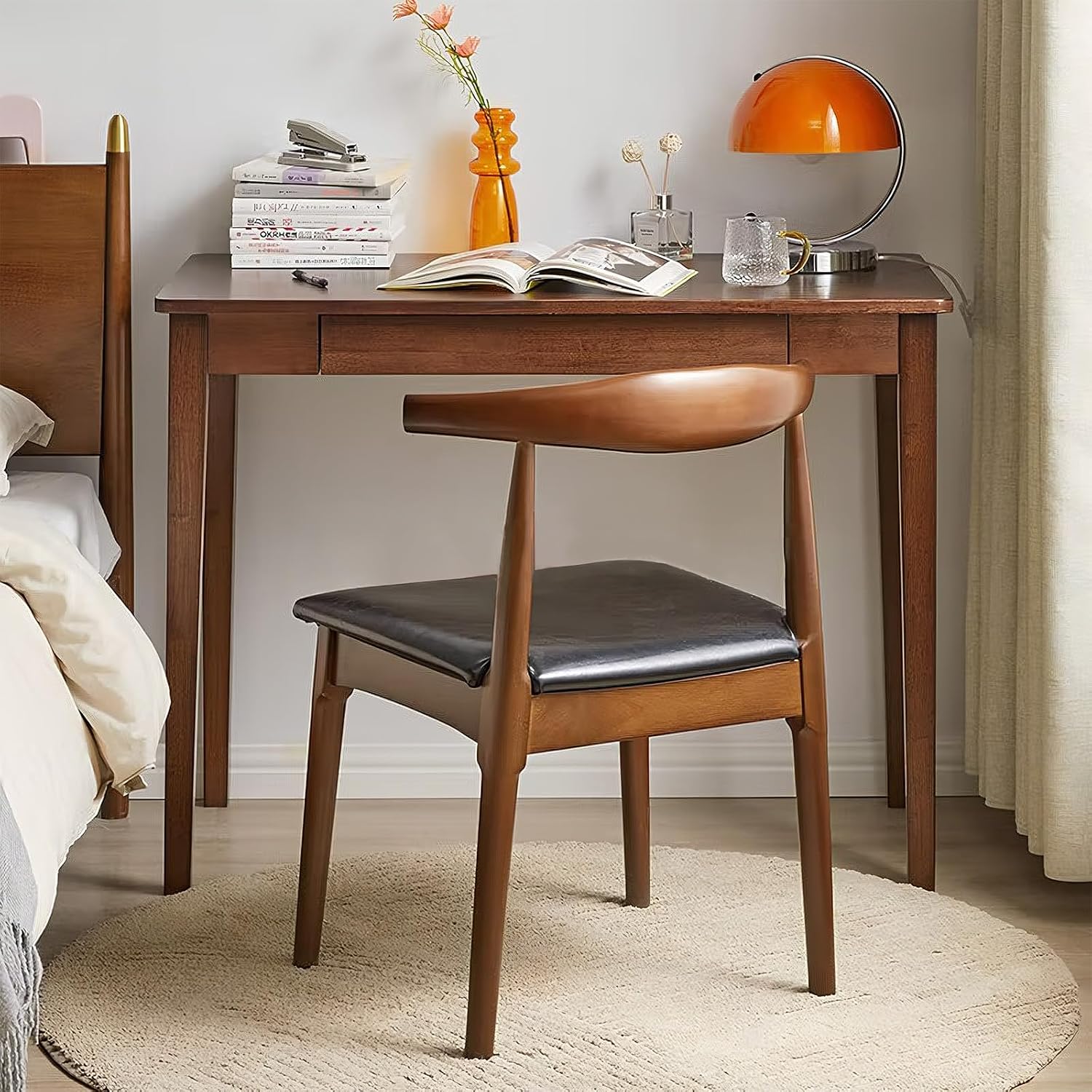 Solid Wood Computer Desk with Drawers, Mid-Century Modern Writing Desk
