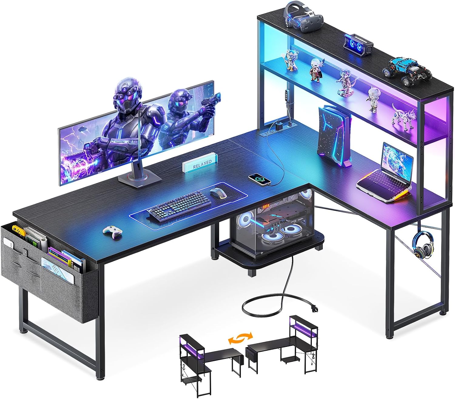 ODK 53 Inch L-Shaped Gaming Desk with Shelves, LED Lights and Outlets, Black