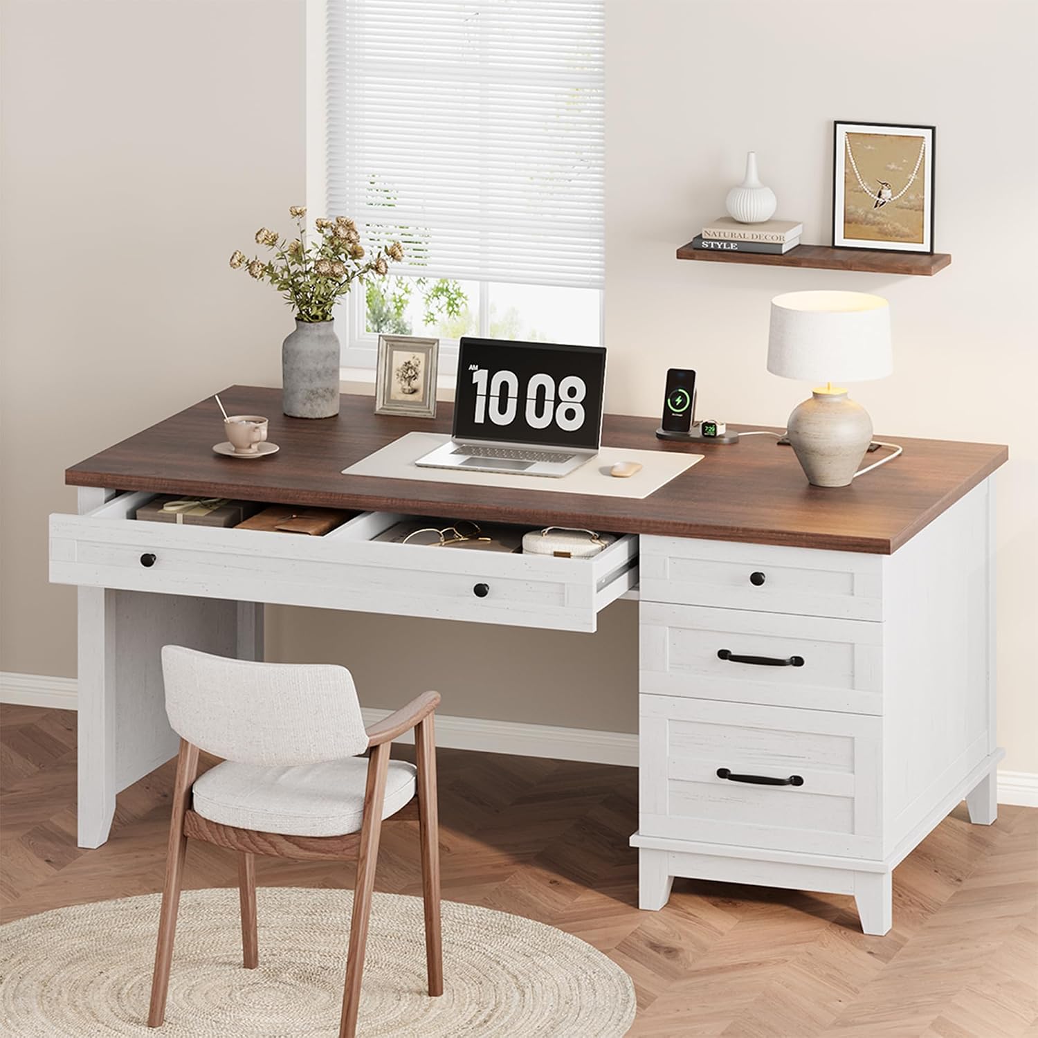 53.5 Inch Executive Desk with Power Outlet and Drawers, Wooden Home Office Desk