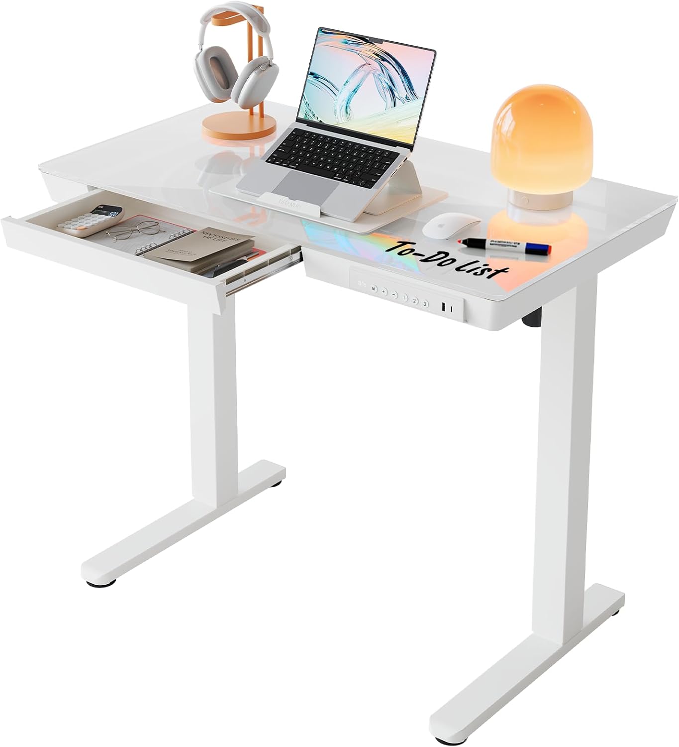 HUANUO Glass Electric Standing Desk with Drawers, 35 x 20 Inch, Height Adjustable