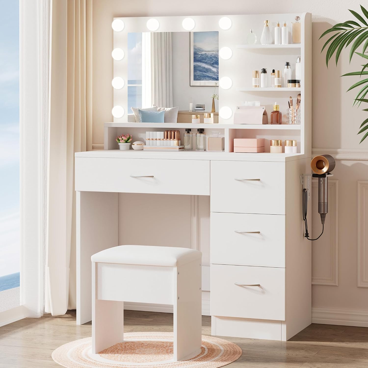 LIVELYGLOW White Makeup Vanity Desk with Charging Station and 4 Drawers