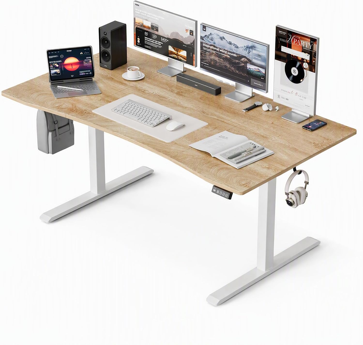 Grandder 63 x 32 Inch Electric Standing Desk, Curved Oak Desktop