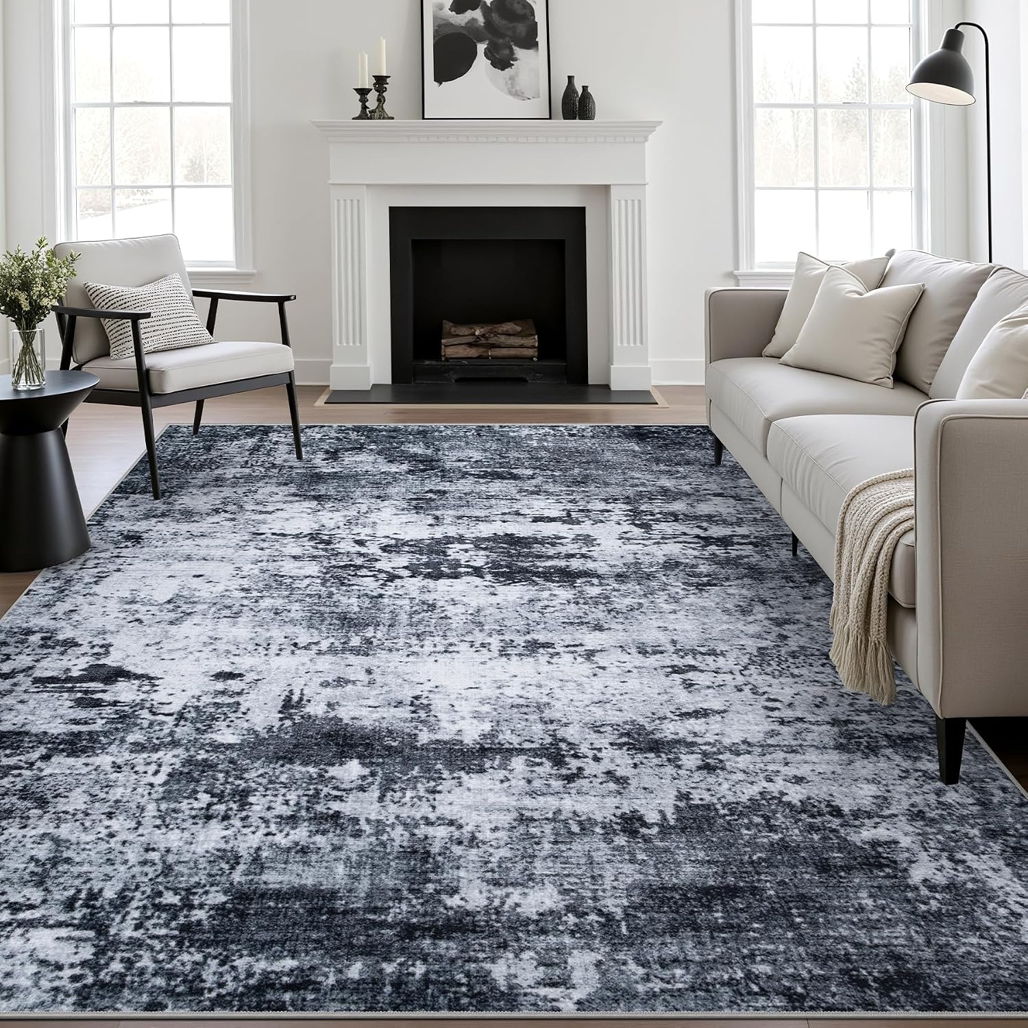 5 x 7 Modern Washable Area Rug, Black Abstract Indoor Carpet