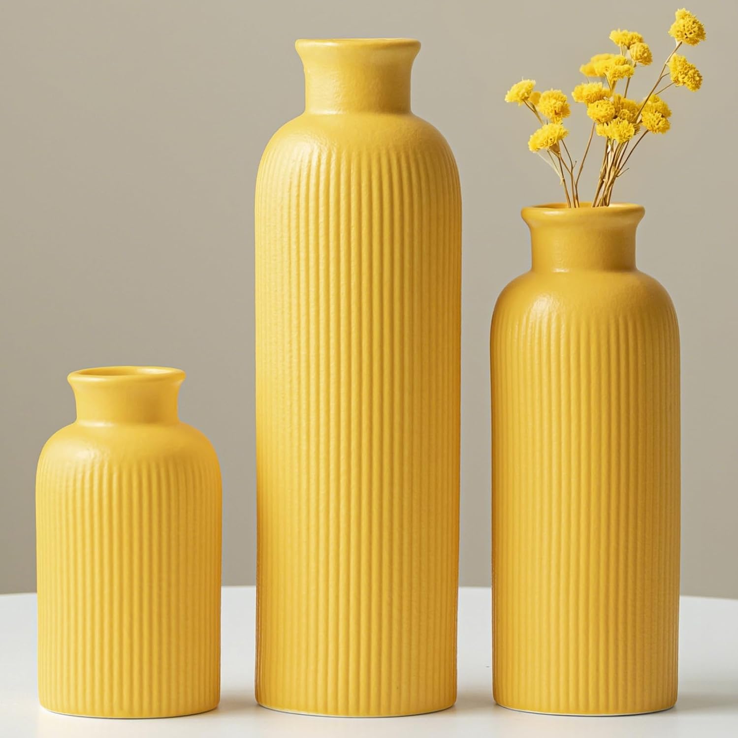 Modern Ceramic Vase Set, Yellow Ribbed Matte Design, 3 Piece